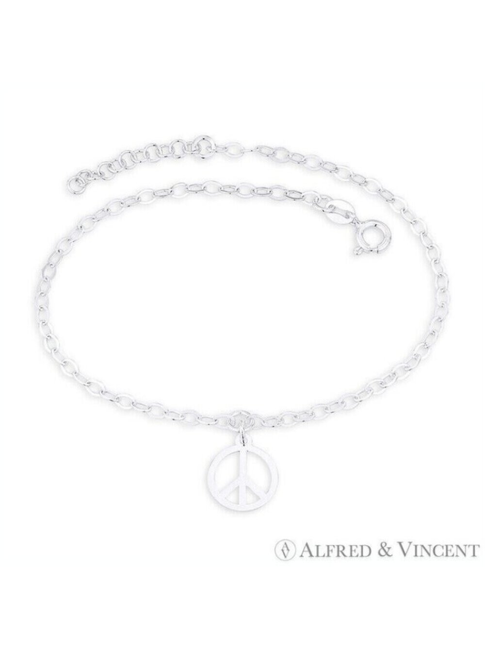 Peace Sign Charm & 2.5mm Cable Link Italy .925 Sterling Silver Chain Anklet - 9"